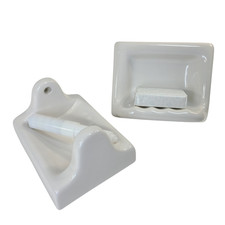Vintage White Ceramic Tile Soap Dish Shower Tray TP Toilet Paper Holder Set