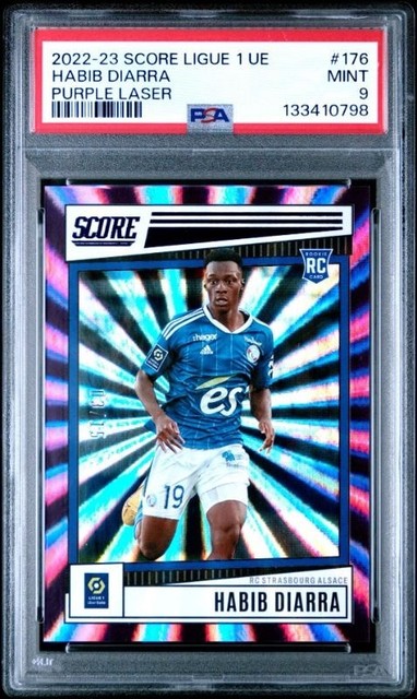 Habib Diarra 2022-23 Panini Score Ligue 1 Rookie RC Purple Laser 15 PSA 9