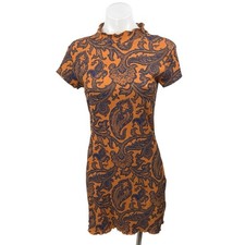 Urban Outfitters Orange Blue Floral Paisley Short Sleeve Mini Bodycon Dress Sz M