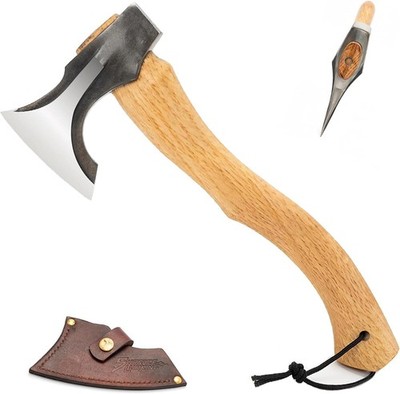 Hand Forged Camping Hatchet, Splitting Axe for Wood Chopping With Leather Sheath