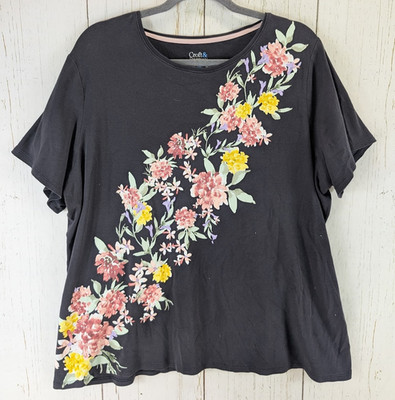 Croft Barrow Plus Size 1X Womens Black Floral Print Short Sleeve Cotton Top