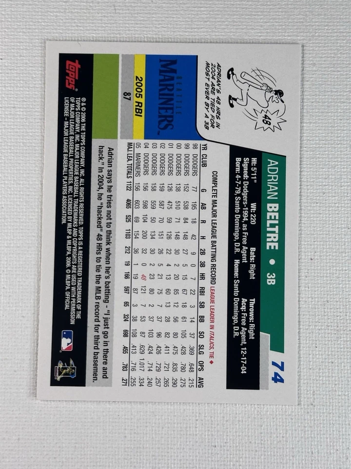 2006 Topps Opening Day ~ Adrian Beltre ~ 74 ~ Mariners - Image 2 of 3