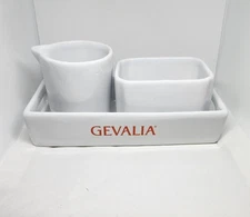 GEVALIA White Ceramic Creamer & Sugar Packet Holder Set With Tray Red Lettering