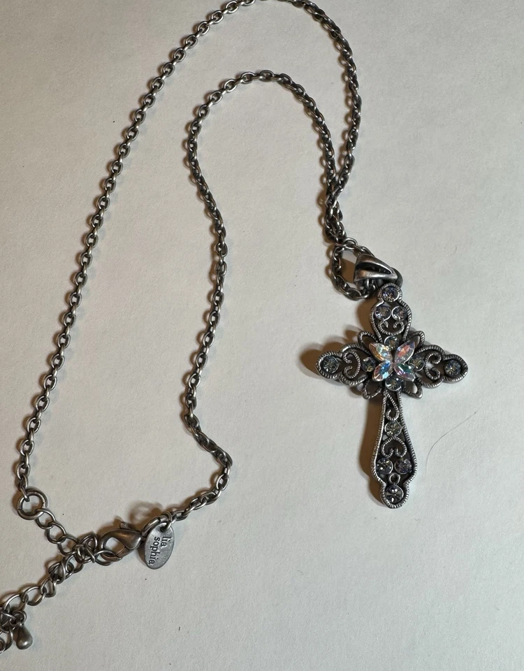 Lia Sophia Cross Pendant Necklace Blue Rhinestones AB Crystals Silvertone 18” - Image 2 of 4