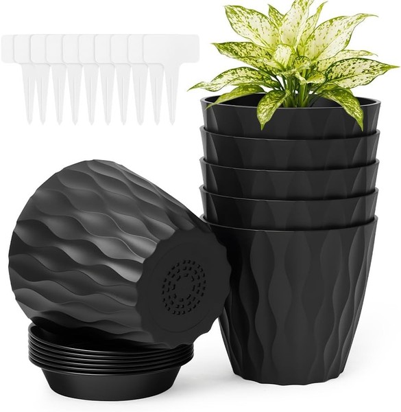 Blumentopf 6Er Set Kunststoff Waffelmuster Mit Untersetzer 5 Zoll Schwarz Innen-image