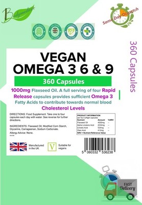 Vegane Omega 3, 6 & 9 Leinsamen 1000 mg, Gehirn Herz Augen (360 weiches Gel) LINDEN UK