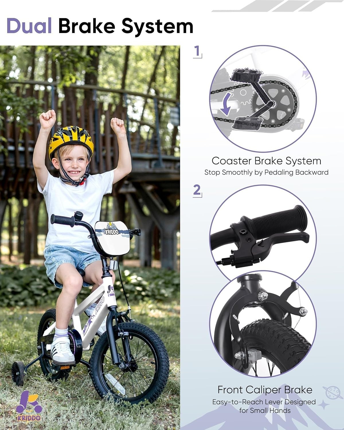 Beginner-Friendly 14-16 Inch Kids Bike w/ Training Wheels & Hand Brake - White