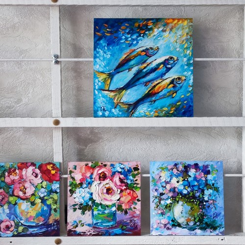 original oil painting Sardine Fish impasto artwork Water Animals wall art 8*8 in - Picture 13 of 13