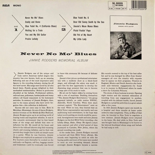 Jimmie Rodgers - Never No Mo' Blues Vinyl LP (LP Record, Album, Mono) - Image 2 of 4