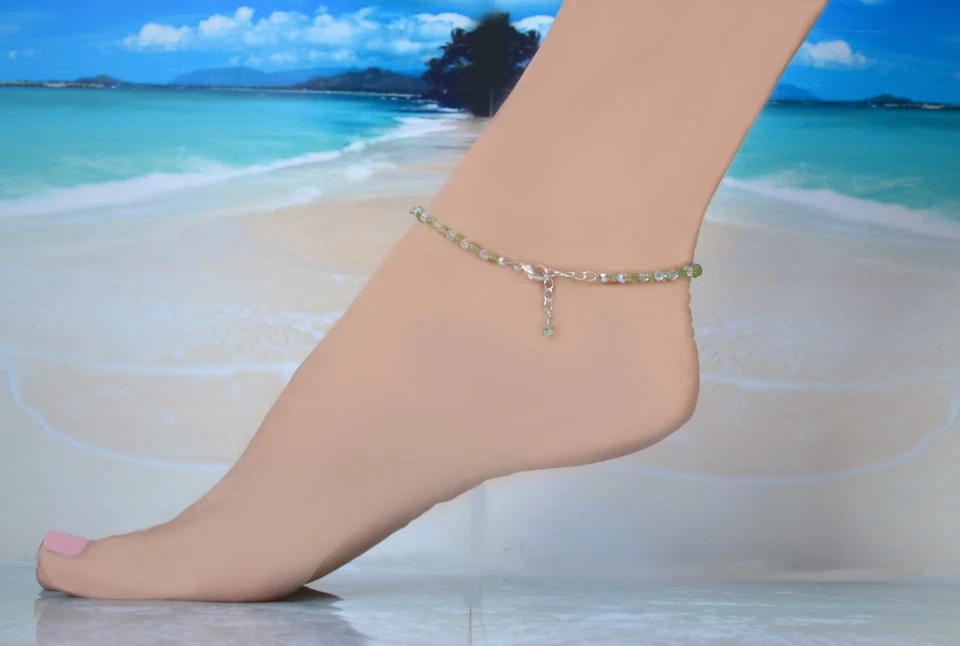 Hawaiian Peridot Gemstone & Italian .925 Sterling Silver Anklet 7 to 9 Inches - Image 4 of 4