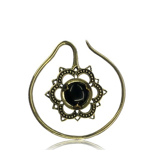 PAIR 14g BRASS PLUGS EARRINGS GAUGES HOOPS DOUBLE SIDED ONYX LOTUS