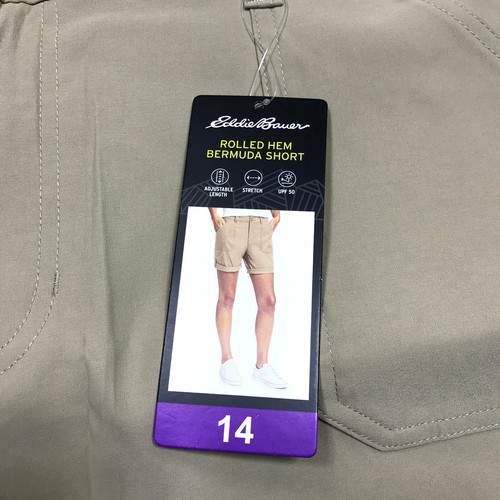 NWT Eddie Bauer Rolled Hem Bermuda Shorts Khaki UPF50 Stretch Nylon Womens 14 - Picture 3 of 6