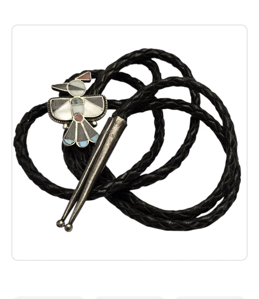 早期 Zuni attr.Dan Simplicio Bird Bolo Flush 马赛克镶嵌天然宝石 — 第 4/4 张图片