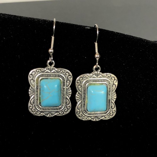 Silver Tone and Faux Turquoise Earrings Rectangle Cabachon Pierced Hook Jewelry - Picture 3 of 7