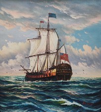 Ölgemälde 50x60 Segelschiff Dreimaster Schiff Meer handgemalt Öl auf Leinwand