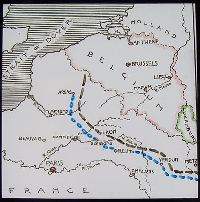 Glas Magische Laternenfolie KRIEGSKARTE POSITION NACH DER SCHLACHT AN DER AISNE WW1