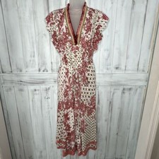 POUPETTE ST BARTH RED FLORAL CROCHET SASHA PLEATED FLUTTER SLEEVE MIDI DRESS S