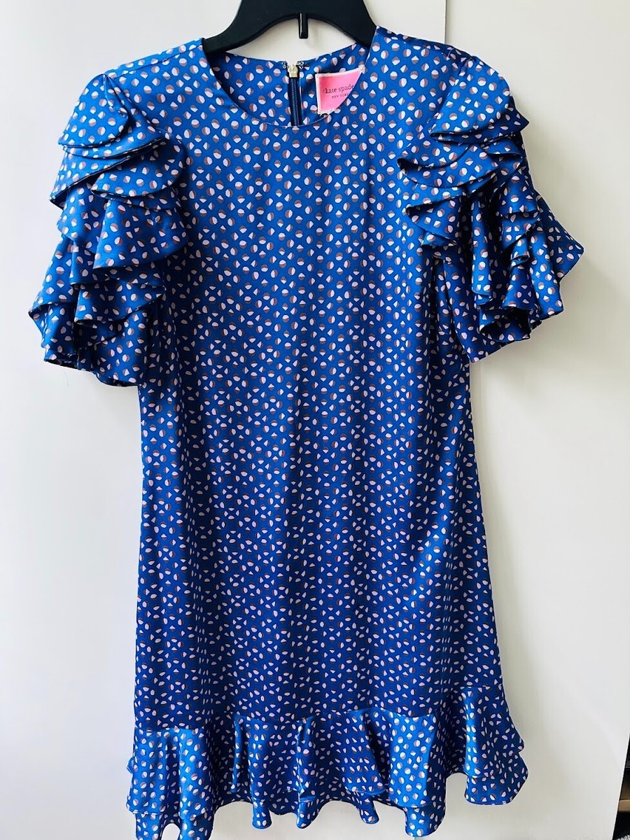 Kate Spade GeoDot Blue Satin Speckled Ruffle Sleeve Shift Dress Sz 6 Preppy