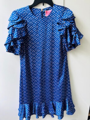 Kate Spade GeoDot Blue Satin Speckled Ruffle Sleeve Shift Dress Sz
