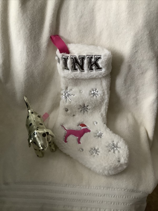 Victoria’s Secret PINK Mascot Dog  SILVER & BLACK POLKA DOT With Stocking