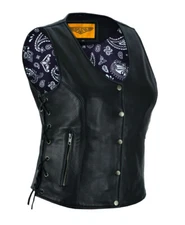 Womens Black Leather Vest Purple Paisley Liner Concealed Carry Side Laces