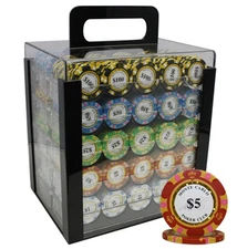 1000 14G MONTE CARLO POKER CLUB POKER CHIPS SET ACRYLIC CASE 3TONE NEW