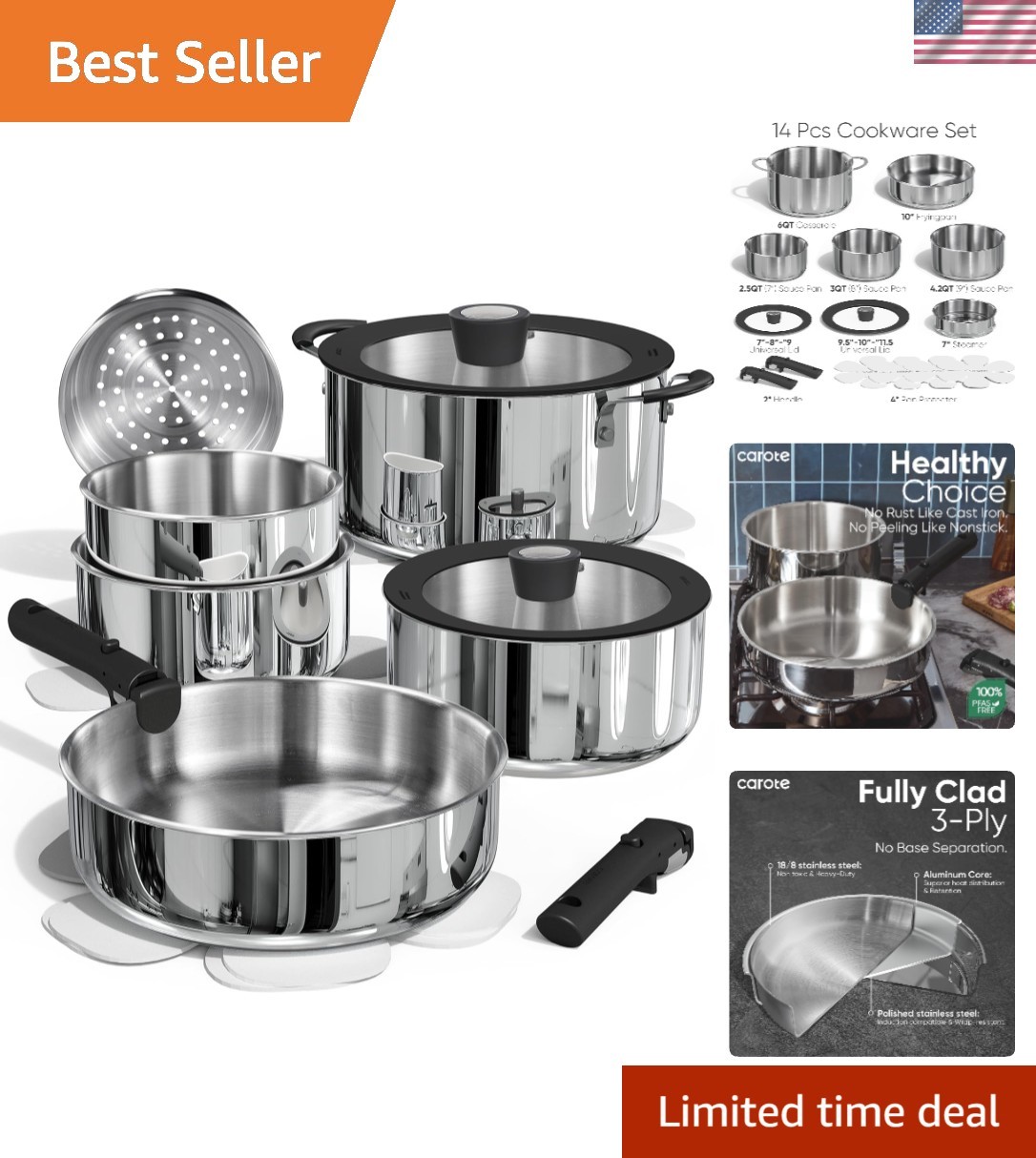 Luxury 14-Piece Stainless Steel Cookware Set with Removable Oven-Safe Handles  