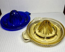 TWO VINTAGE GLASS CITRUS JUICE REAMER COBALT BLUE  & AMBER