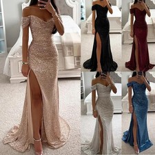 Women Off Shoulder Sequin Mermaid Prom Dress Long Slit Formal Evening Party Gown