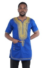 Blue Gold African Embroidered Men's Top   2 Pockets, Cotton, Sizes S  5XL