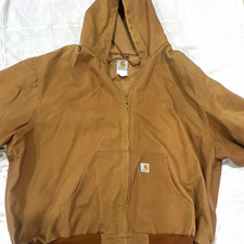 Carhartt Men s Brown Hooded Work Jacket XL Full Zip Logo Patch Loose Fit