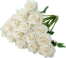 Ivory Silk Roses Bouquet - 15 Pcs Realistic Long Stem Flowers for Events
