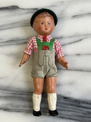 VTG MCM Celluloid German Boy in Lederhosen & Green Hat Feather Doll Germany