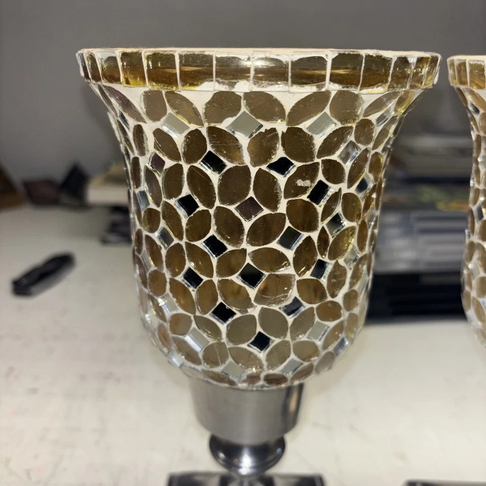 Mosaic Candle Holder 10” Silver Tiles Mirrored Hurricane Tulip Cup Set 2 T1-05 - Image 3 of 4