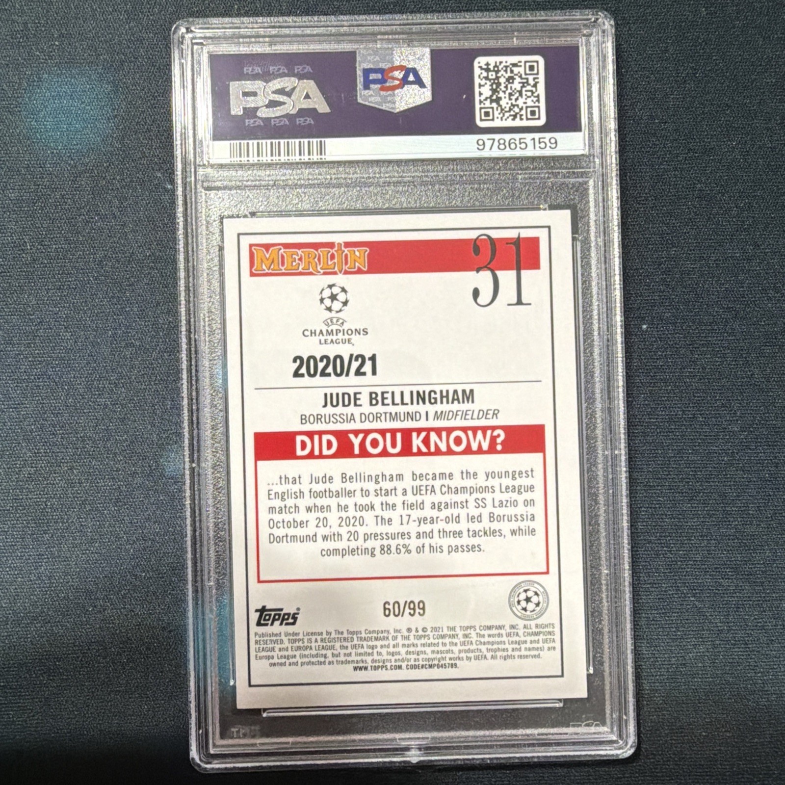 2020-21 Topps Merlin UEFA Jude Bellingham #31 RC Rookie Green Mojo /99 PSA 10 view 2
