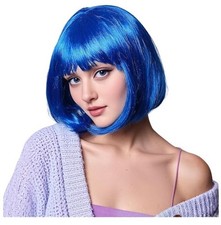 Rose bud Blue Bob Wig with Fringe 12 Inch Short Straight Costume Wigs for Women