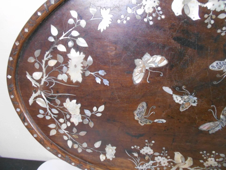 Ancien grand plateau en bois et marqueterie de nacre Vietnam Chine Asie - Photo 2/4