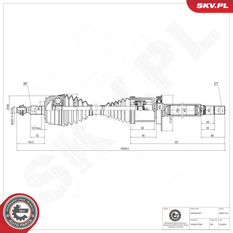 Semiasse 40SKV173 ESEN SKV per VW CALIFORNIA T5 Camper CALIFORNIA T6 Camper