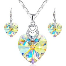 Crystal Heart Necklace and Earrings Set Gift for Women with Box Valentine's A...