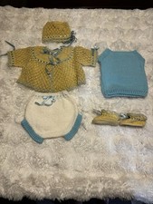 Vintage Handmade Baby Layette Set Crochet Knit Yellow Blue Bonnet Booties