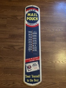 mail pouch tobacco thermometer reproduction  Antique Advertising Mail Pouch Tobacco Tin Thermometer