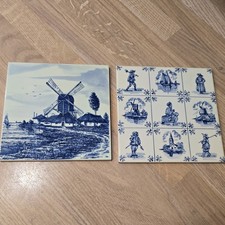 2 x Delft Blue Hand Painted  Tiles, Windmill and various characters.