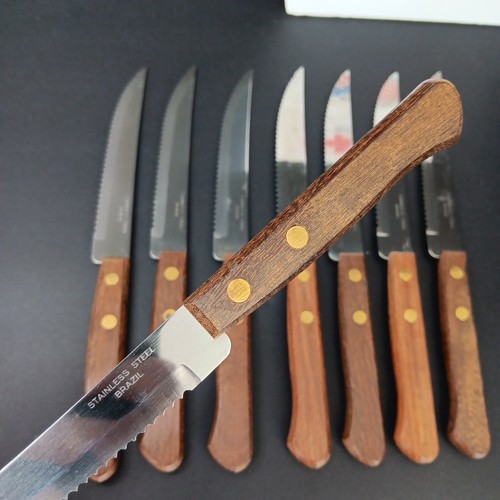 Set Of 8 Steak Knives Stainless Steel Wood Handle 2 Rivets Made In Brazil. Read.