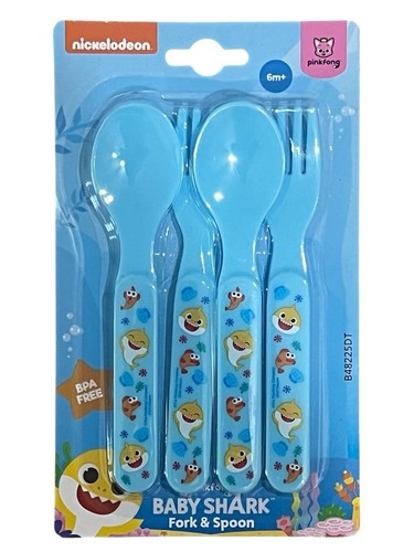 Baby Shark Fork & Spoon Set of 4 Blue Toddler Kids Cutlery BPA Free pinkfong - Afbeelding 1 van 6