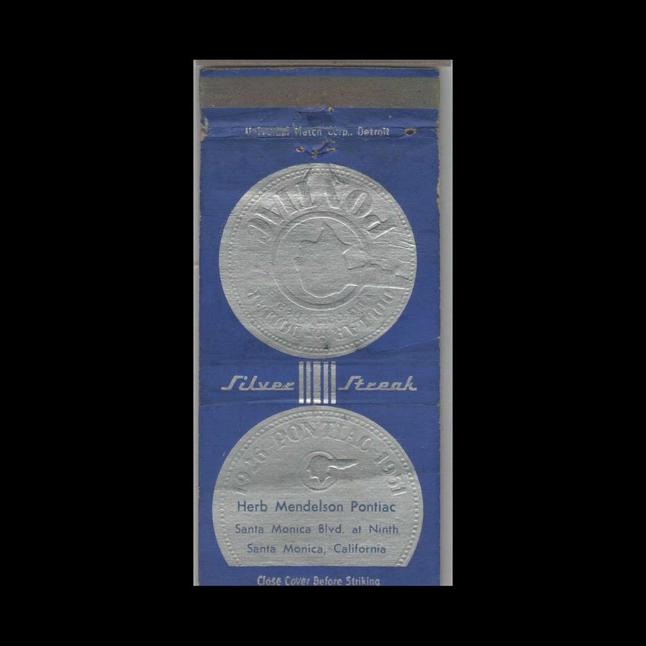 Matchbook Cover - 1951 Pontiac Dealer - her Mendelson Pontiac Santa Monica, CA