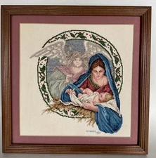 VTG Framed Cross Stitched Mary Jesus Madonna Virgin Mother Child Christmas 13”