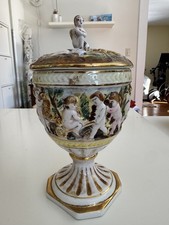 Vintage R. Capodimonte 9.5 Italian Candy Dish Urn Jar, w/Cherubs, Gold Trim
