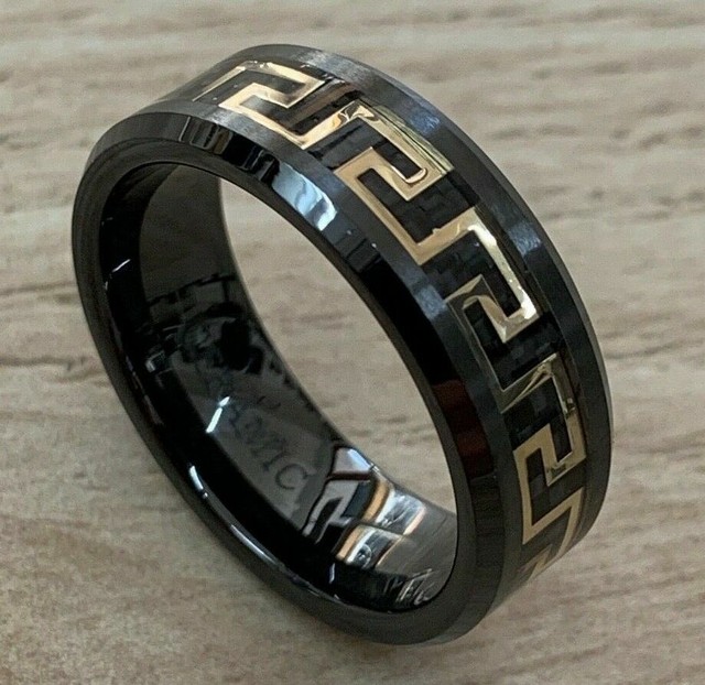 8mm Men Versace Design Ceramic Greek Key Gold Plated Inlay Wedding Band