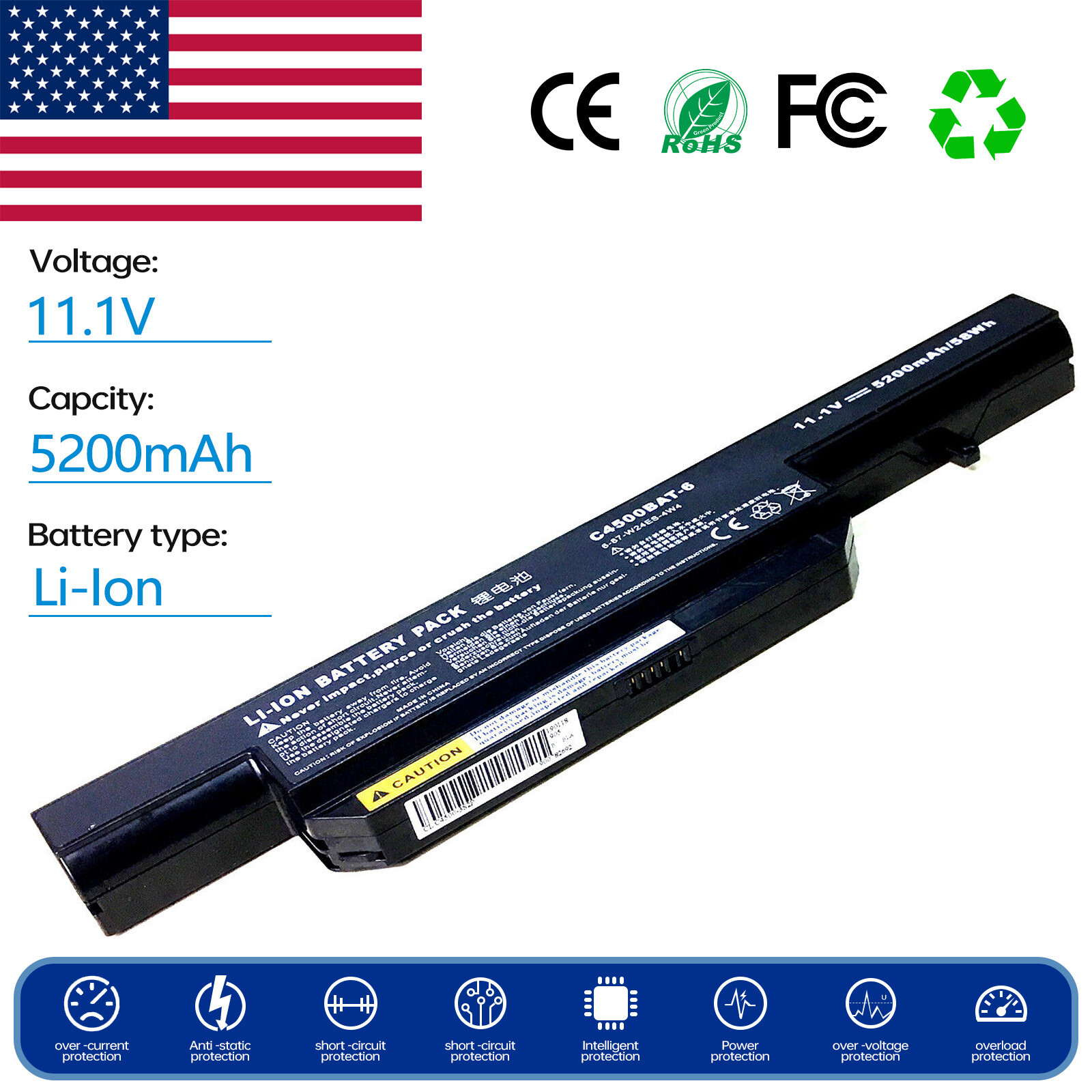 Batteria Per Laptop Clevo C4500BAT-6 - 4400mAh 11.1V, Compatibile Con Molti Modelli Clevo, Schenker, Gigabyte