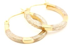14k gold two tone engraved hoop earrings snap closure 0.75 inch 2.3mm 1.5g